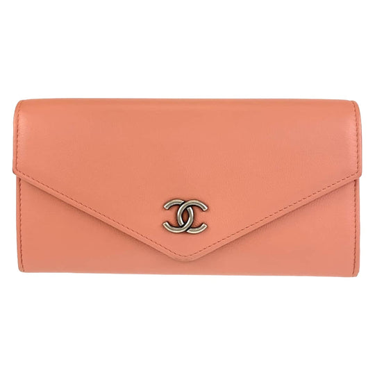 CHANEL Long Wallet Purse leather Pink Beige SilverMetal Long Wallet Purse COCO Mark Women Used Authentic