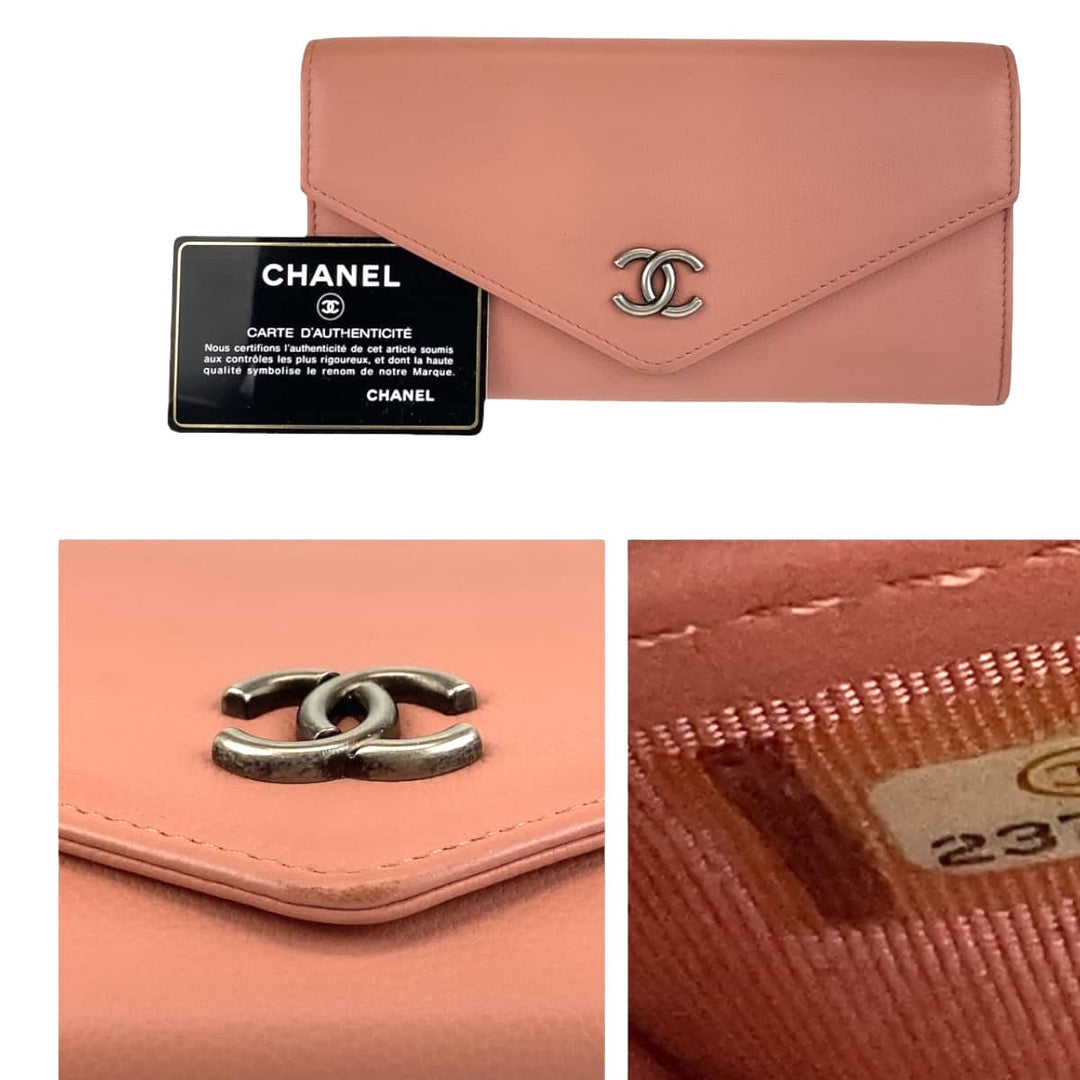 CHANEL Long Wallet Purse leather Pink Beige SilverMetal Long Wallet Purse COCO Mark Women Used Authentic