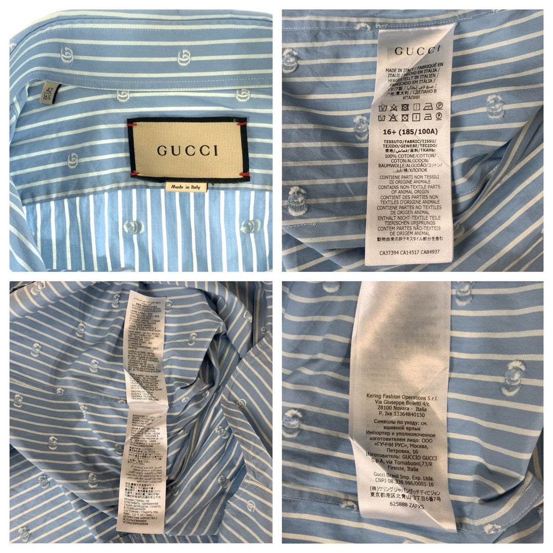 GUCCI Long sleeve shirt 625888 ZAFXS cotton Light blue white Long sleeve shirt dress shirt Gucci Lido Interlocking GG stripe mens 42 Used Authentic