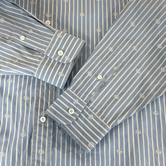 GUCCI Long sleeve shirt 625888 ZAFXS cotton Light blue white Long sleeve shirt dress shirt Gucci Lido Interlocking GG stripe mens 42 Used Authentic