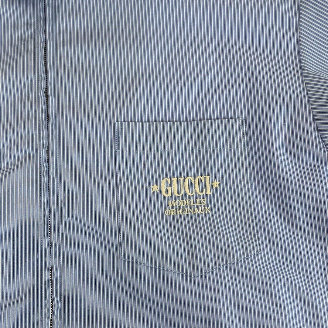 GUCCI Short sleeve shirt 740320 ZANHM cotton Blue white Short sleeve shirt cut and sew 23Stainless Steel Embroidery Logo embroidery mens 48 Used Authentic