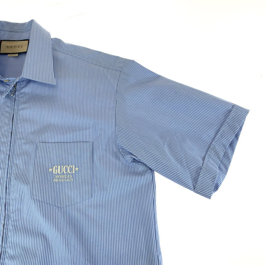 GUCCI Short sleeve shirt 740320 ZANHM cotton Blue white Short sleeve shirt cut and sew 23Stainless Steel Embroidery Logo embroidery mens 48 Used Authentic