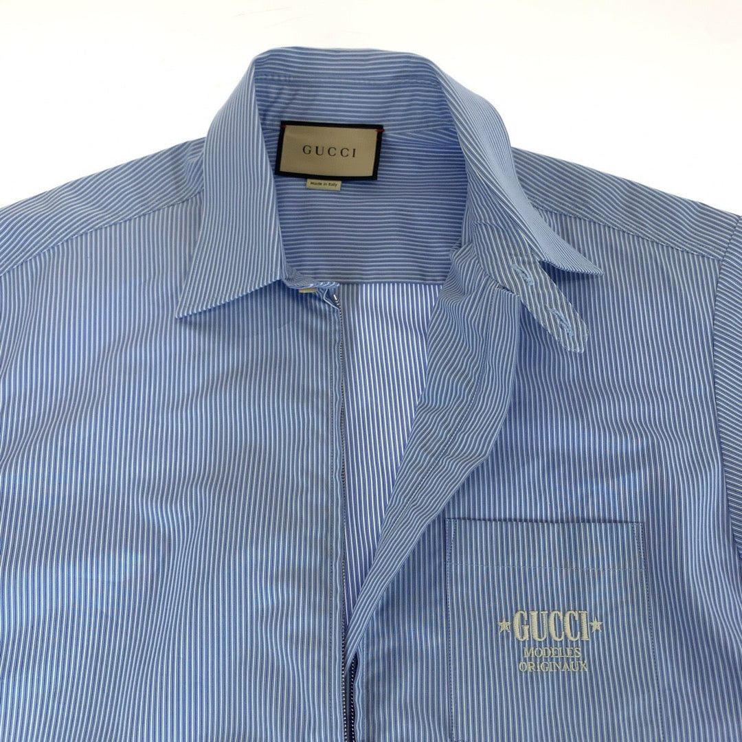 GUCCI Short sleeve shirt 740320 ZANHM cotton Blue white Short sleeve shirt cut and sew 23Stainless Steel Embroidery Logo embroidery mens 48 Used Authentic