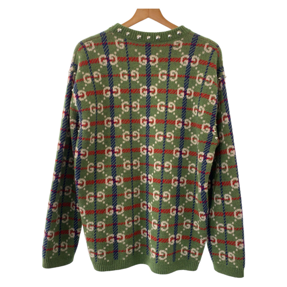 GUCCI knit 713571 XKCOZ Wool, Metal Multicolor SilverMetal Knit sweater Neck studs GG total pattern mens S Used Authentic