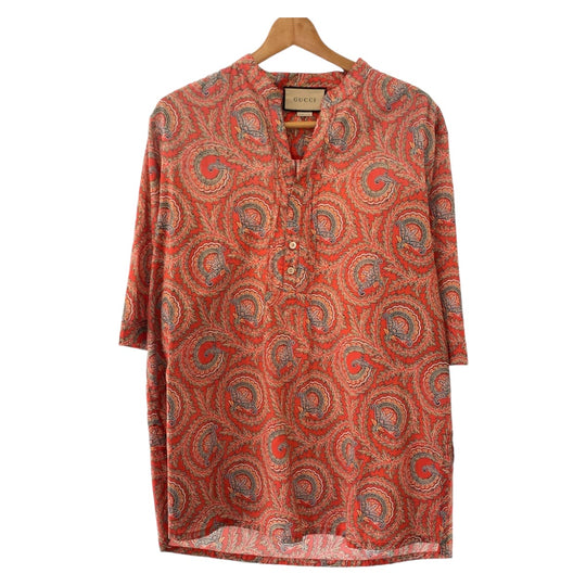 GUCCI Short sleeve shirt 654888 ZAGXJ cotton Red multicolor Short sleeve shirt cut and sew 21Stainless Steel Paisley total pattern mens 44 Used Authentic