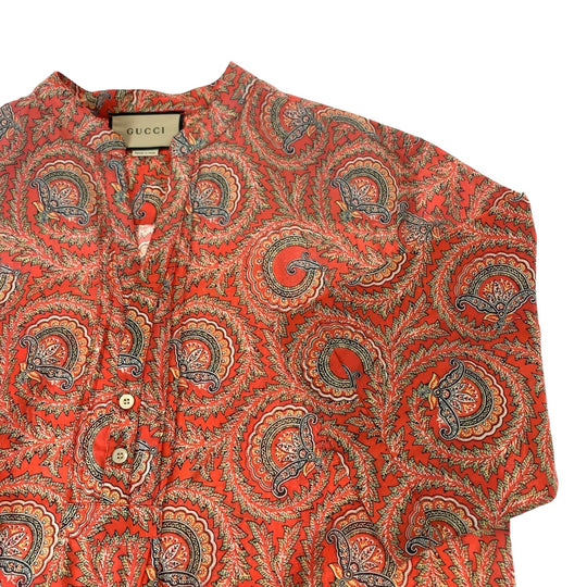 GUCCI Short sleeve shirt 654888 ZAGXJ cotton Red multicolor Short sleeve shirt cut and sew 21Stainless Steel Paisley total pattern mens 44 Used Authentic