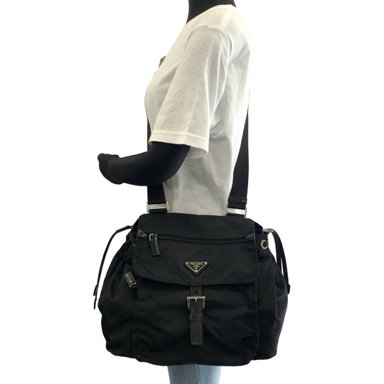 PRADA Shoulder Bag Nylon Black SilverMetal Crossbody Shoulder Bag Pochette Test Triangle With logo Women Used Authentic