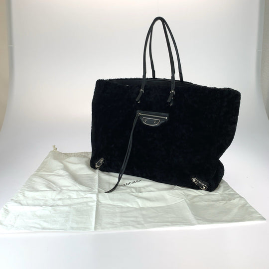 BALENCIAGA Tote Bag 387480 Mouton, Leather Black SilverMetal Tote Bag handbag paper Women Used Authentic