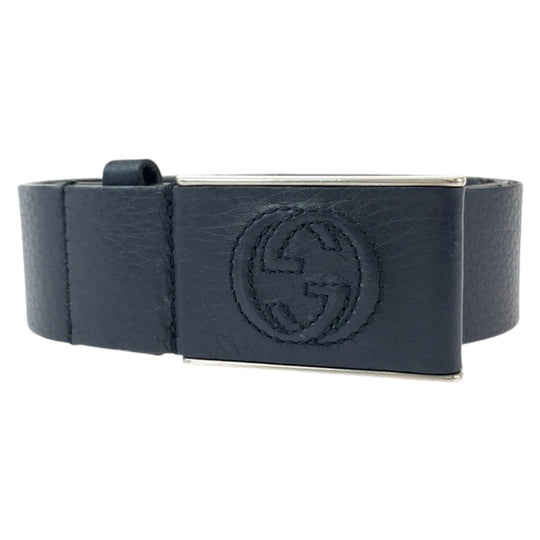 GUCCI belt 368188 leather Navy SilverMetal belt Interlocking mens 32 Used Authentic