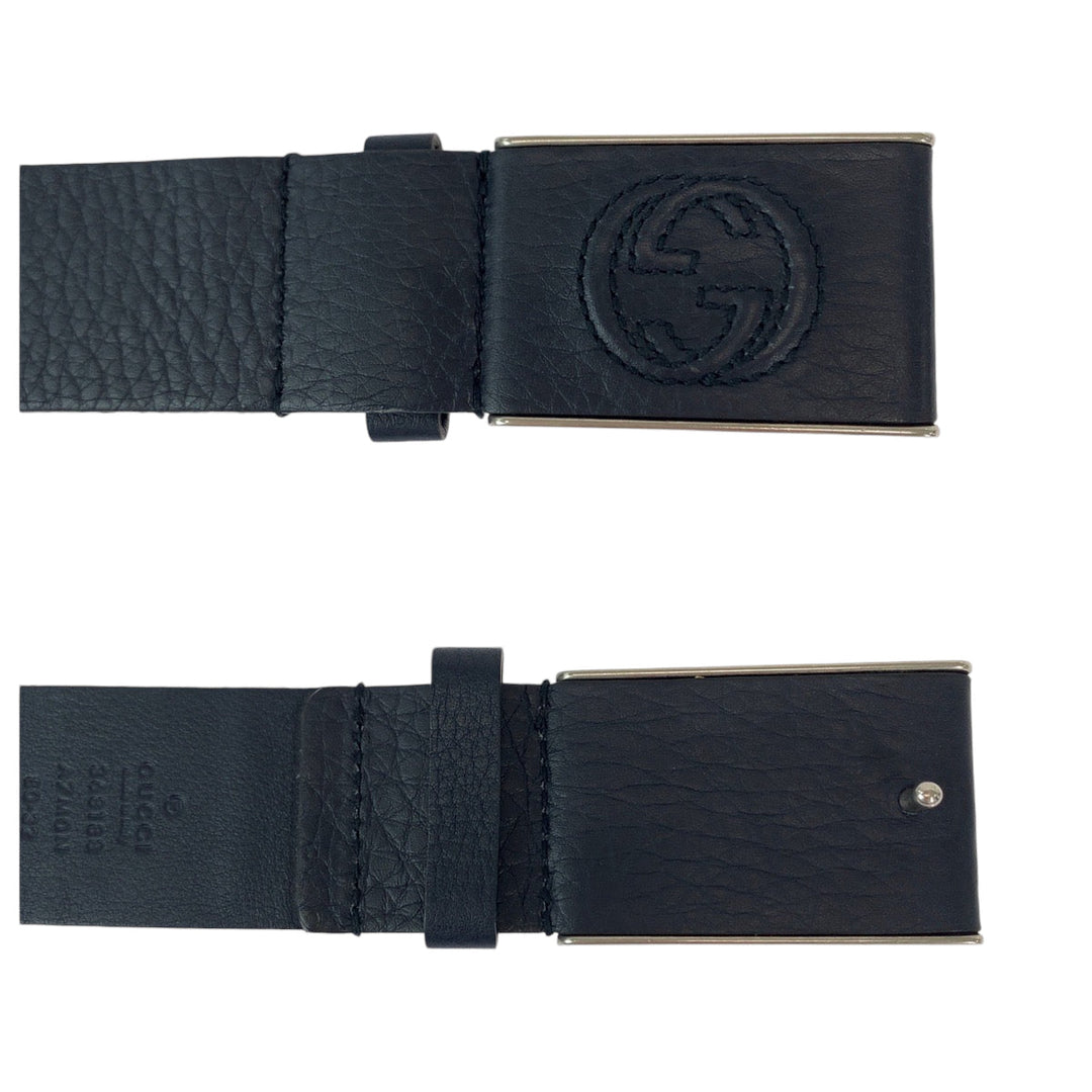 GUCCI belt 368188 leather Navy SilverMetal belt Interlocking mens 32 Used Authentic