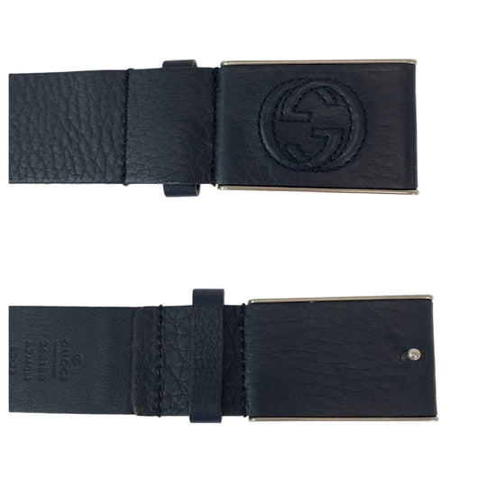 GUCCI belt 368188 leather Navy SilverMetal belt Interlocking mens 32 Used Authentic