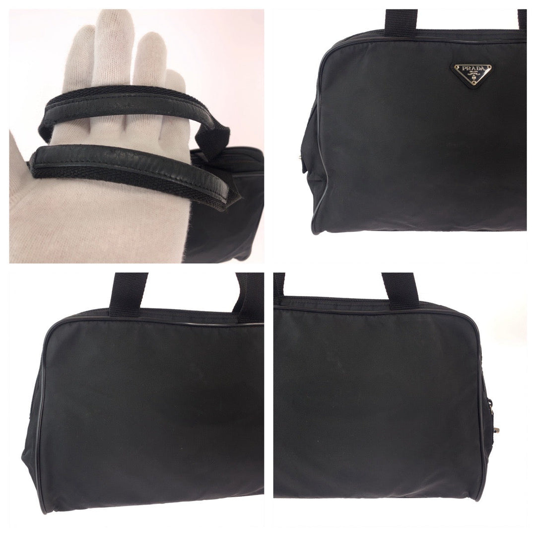 PRADA Handbag Nylon Black SilverMetal Handbag Test Triangle With logo Women Used Authentic