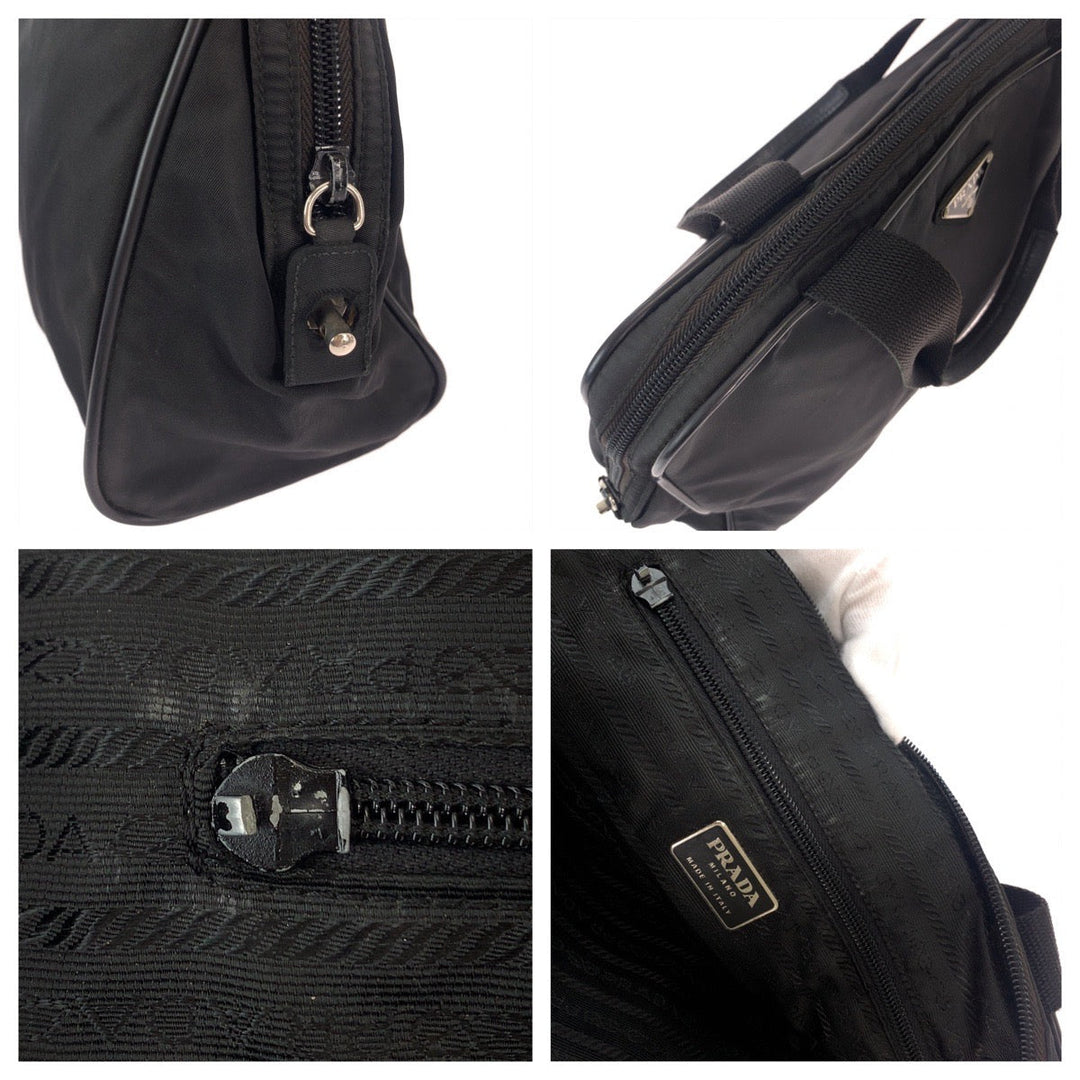 PRADA Handbag Nylon Black SilverMetal Handbag Test Triangle With logo Women Used Authentic