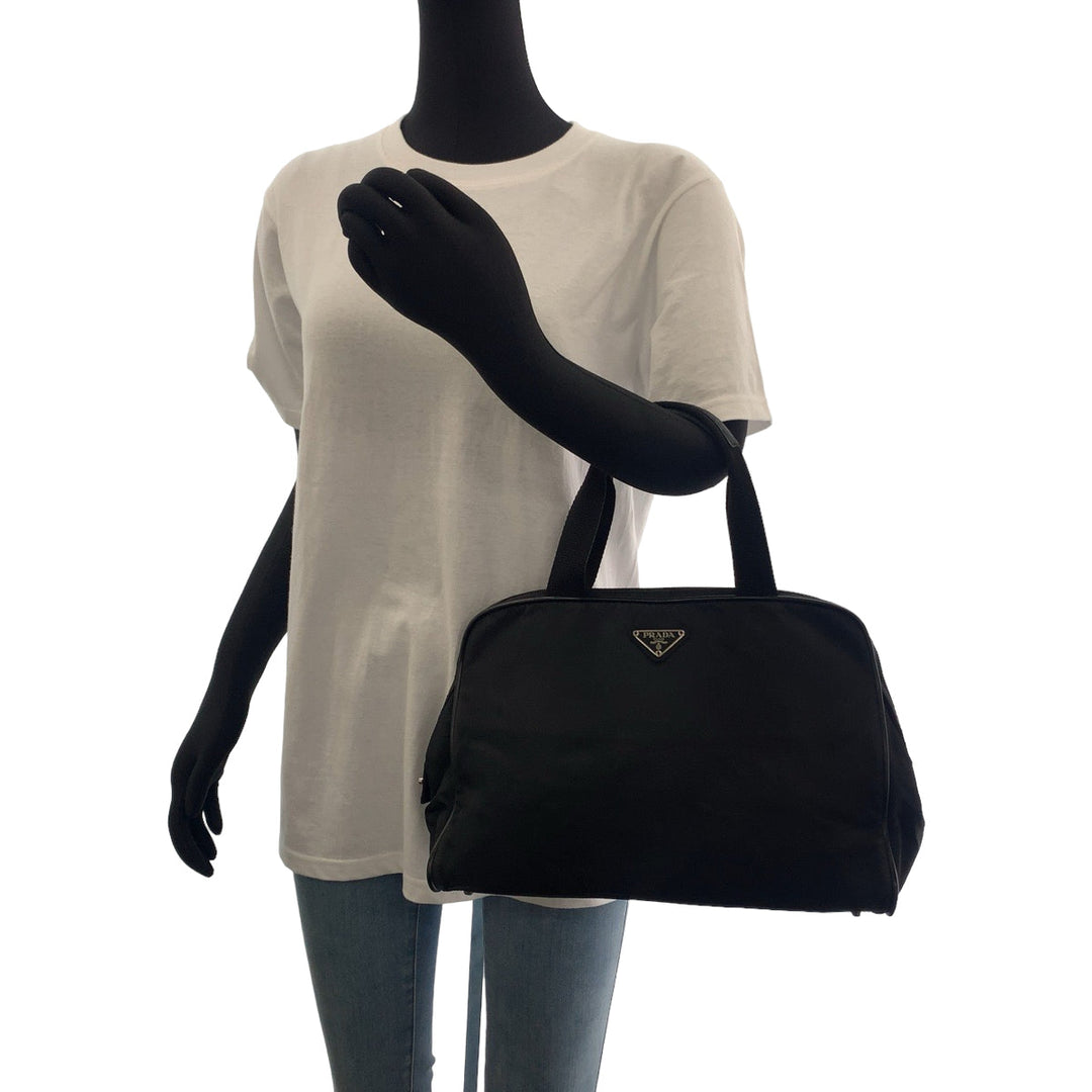 PRADA Handbag Nylon Black SilverMetal Handbag Test Triangle With logo Women Used Authentic