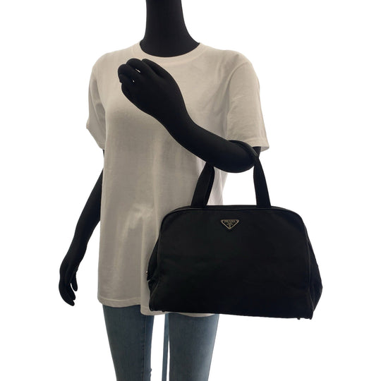 PRADA Handbag Nylon Black SilverMetal Handbag Test Triangle With logo Women Used Authentic