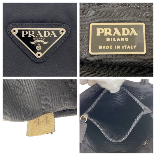 PRADA Tote Bag Nylon Black SilverMetal Tote Bag handbag Test Triangle With logo Women Used Authentic