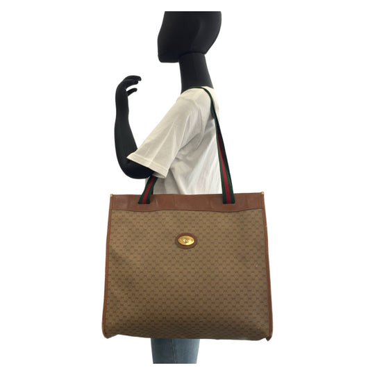 GUCCI Tote Bag 002 39 0044 GG Supreme canvas, leather Brown Gold Metal Tote Bag Shoulder Bag Unisex Old Gucci Sherry Line Micro GG Women Used Authentic