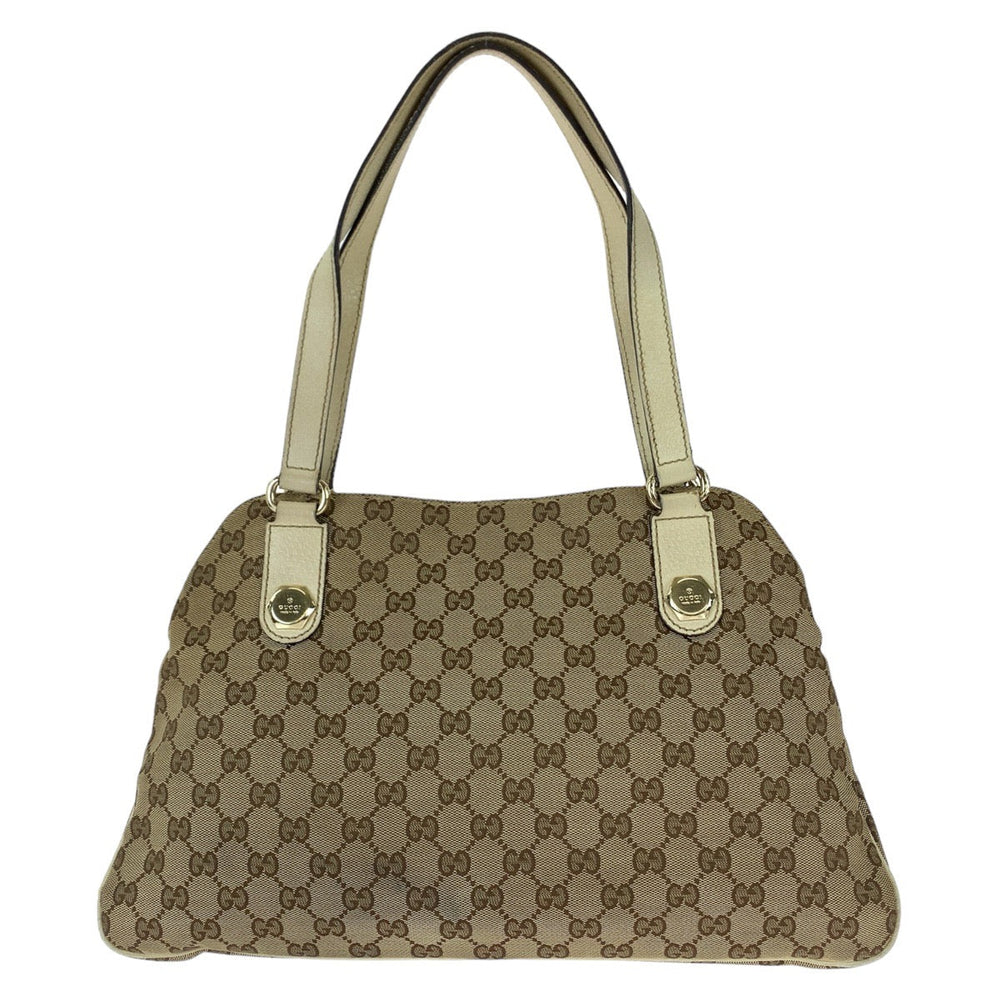 GUCCI Tote Bag 163288 GG canvas Beige White SilverMetal Tote Bag Shoulder Bag GG pattern Women Used Authentic