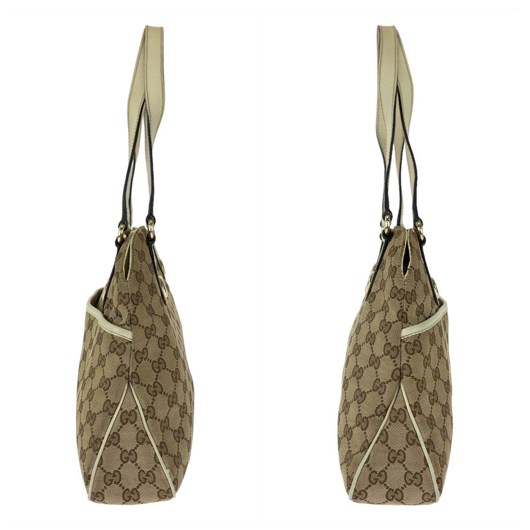 GUCCI Tote Bag 163288 GG canvas Beige White SilverMetal Tote Bag Shoulder Bag GG pattern Women Used Authentic