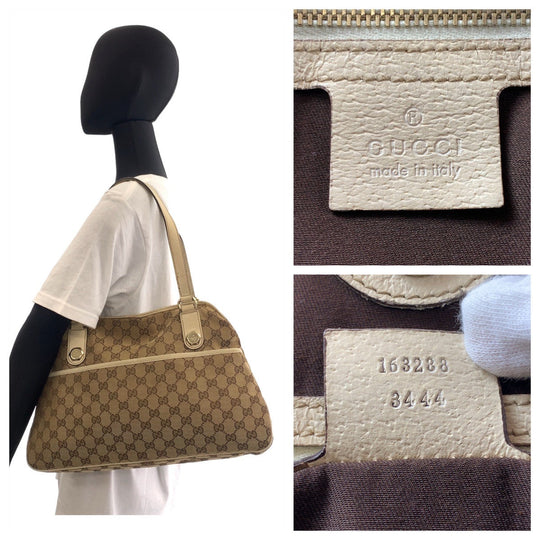 GUCCI Tote Bag 163288 GG canvas Beige White SilverMetal Tote Bag Shoulder Bag GG pattern Women Used Authentic