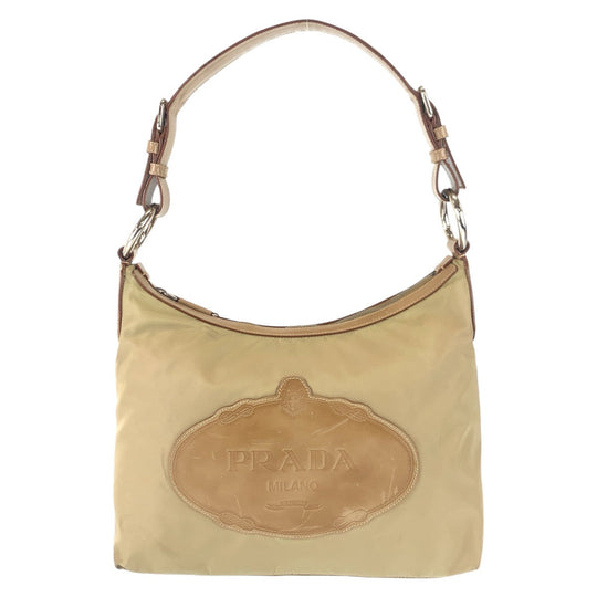 PRADA Shoulder Bag Nylon, Leather Beige Camel Gold Metal Hobo Shoulder Bag Logo embossed Women Used Authentic