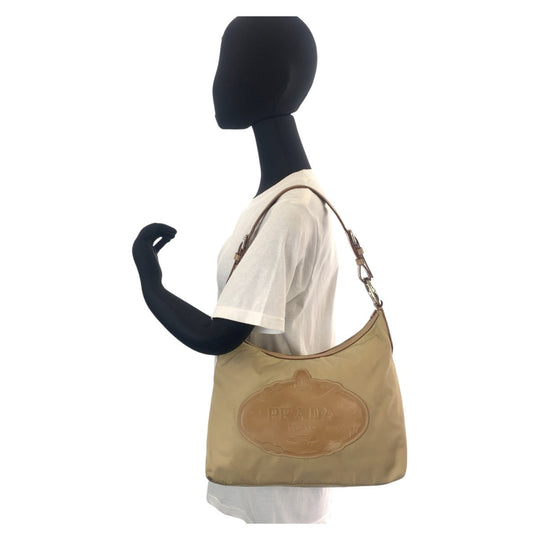 PRADA Shoulder Bag Nylon, Leather Beige Camel Gold Metal Hobo Shoulder Bag Logo embossed Women Used Authentic