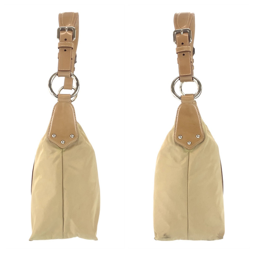 PRADA Shoulder Bag Nylon, Leather Beige Camel Gold Metal Hobo Shoulder Bag Logo embossed Women Used Authentic