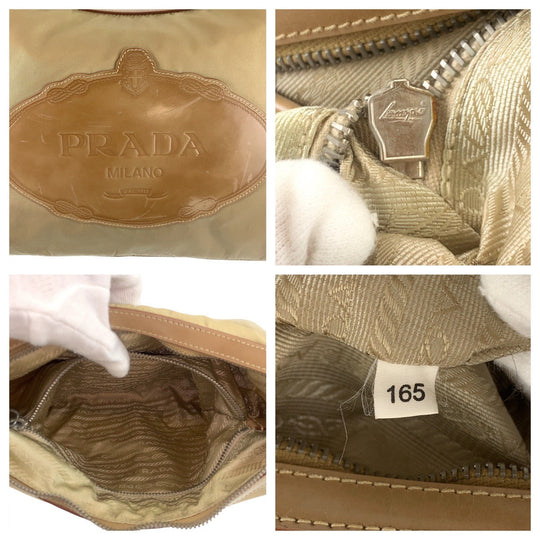 PRADA Shoulder Bag Nylon, Leather Beige Camel Gold Metal Hobo Shoulder Bag Logo embossed Women Used Authentic