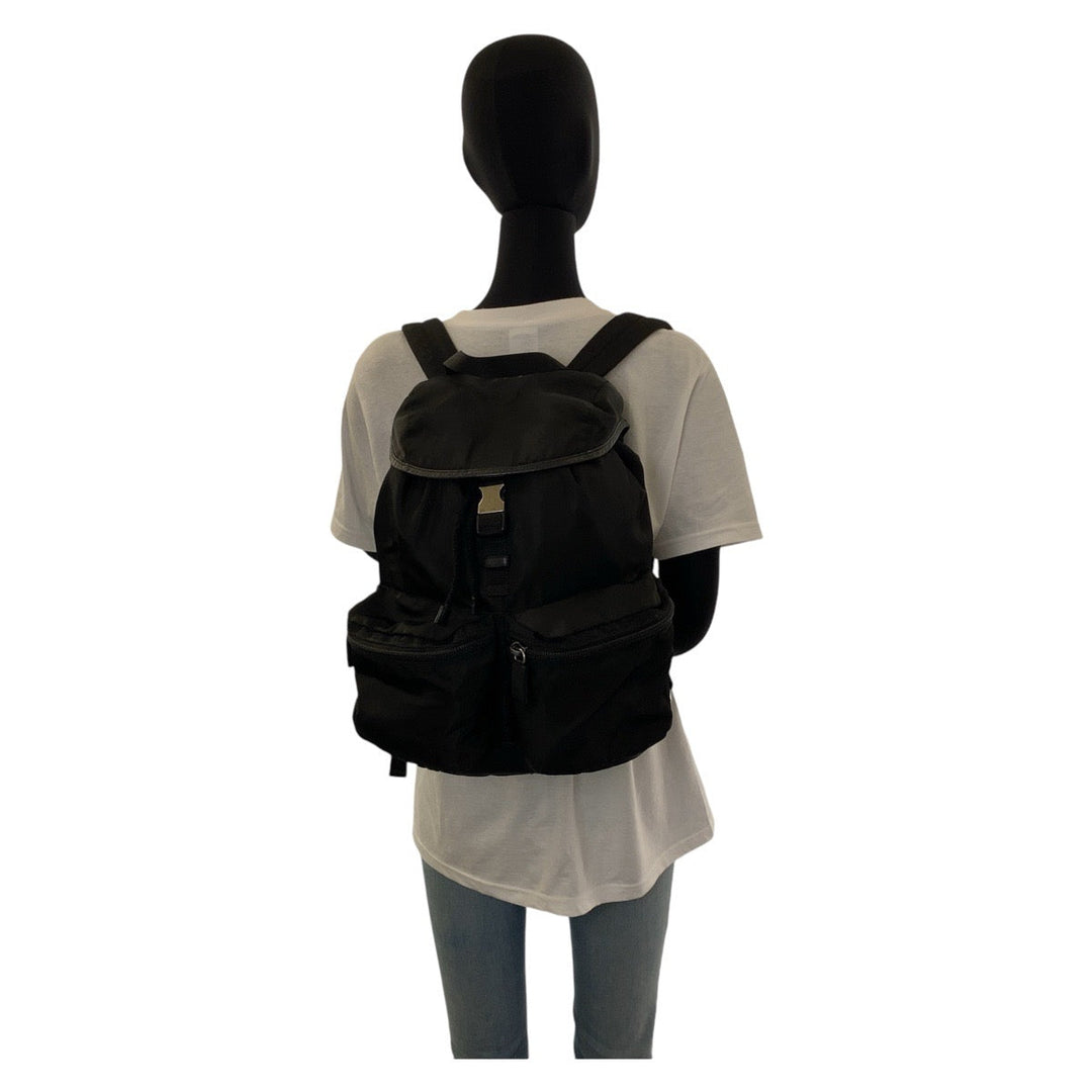 PRADA Backpack Nylon Black SilverMetal Daypack Unisex Test Triangle With logo Women Used Authentic