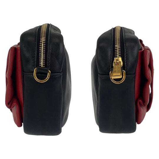 PRADA Shoulder Bag leather Black Red Gold Metal Crossbody Shoulder Bag Pochette Ribbon motif Women Used Authentic
