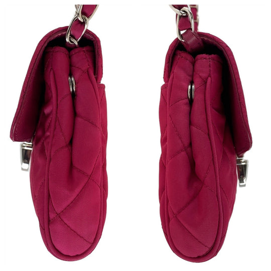 PRADA Shoulder Bag Nylon Pink SilverMetal ChainShoulder Bag Pochette Testuto Impuntu Women Used Authentic