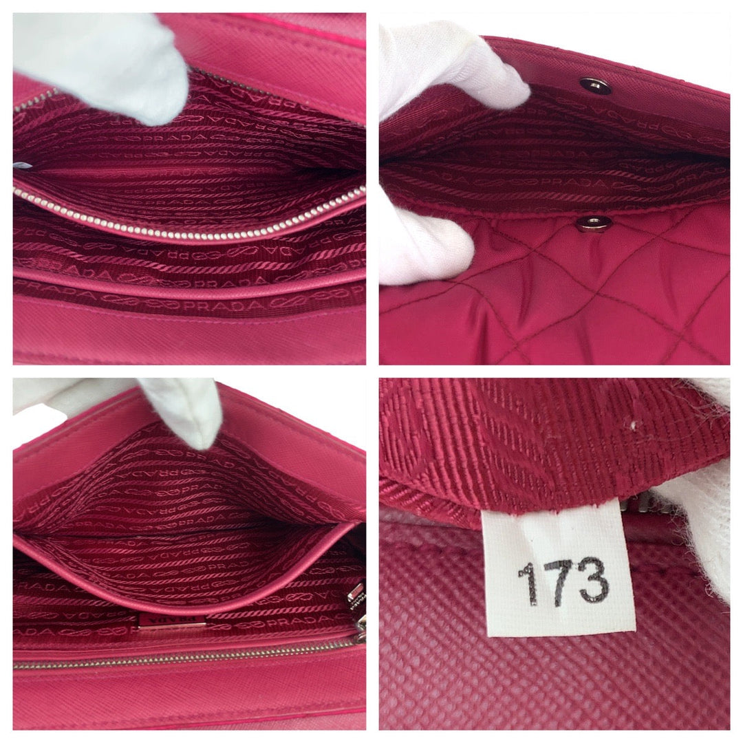 PRADA Shoulder Bag Nylon Pink SilverMetal ChainShoulder Bag Pochette Testuto Impuntu Women Used Authentic