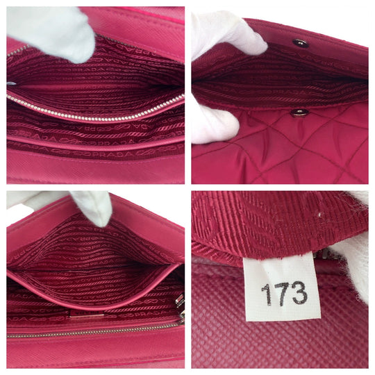 PRADA Shoulder Bag Nylon Pink SilverMetal ChainShoulder Bag Pochette Testuto Impuntu Women Used Authentic