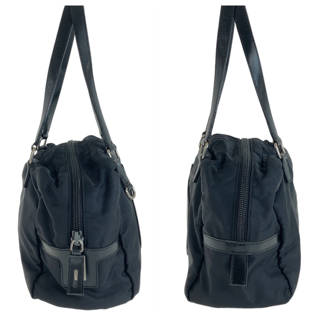PRADA Shoulder Bag Nylon Black Silver Metal Shoulder Bag Handbag Mini Boston Duffel bag Test Logo embossed Women Used Authentic