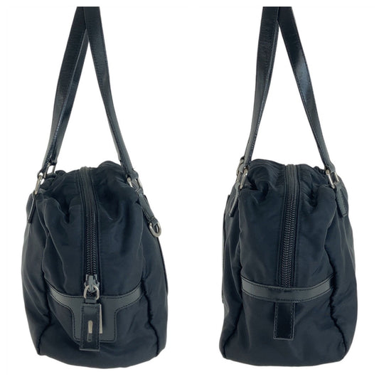 PRADA Shoulder Bag Nylon Black Silver Metal Shoulder Bag Handbag Mini Boston Duffel bag Test Logo embossed Women Used Authentic