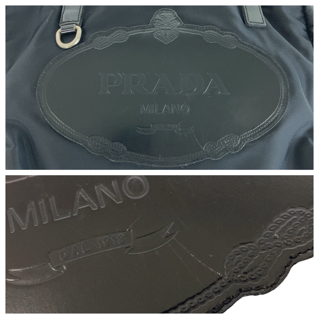 PRADA Shoulder Bag Nylon Black Silver Metal Shoulder Bag Handbag Mini Boston Duffel bag Test Logo embossed Women Used Authentic