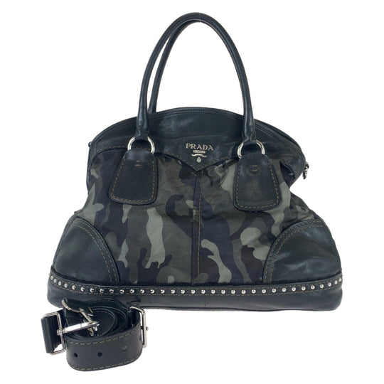PRADA Shoulder Bag BL0688 Nylon, Leather Khaki Black SilverMetal Shoulder Bag Handbag 2way Test Camouflage Pattern Studs Women Used Authentic