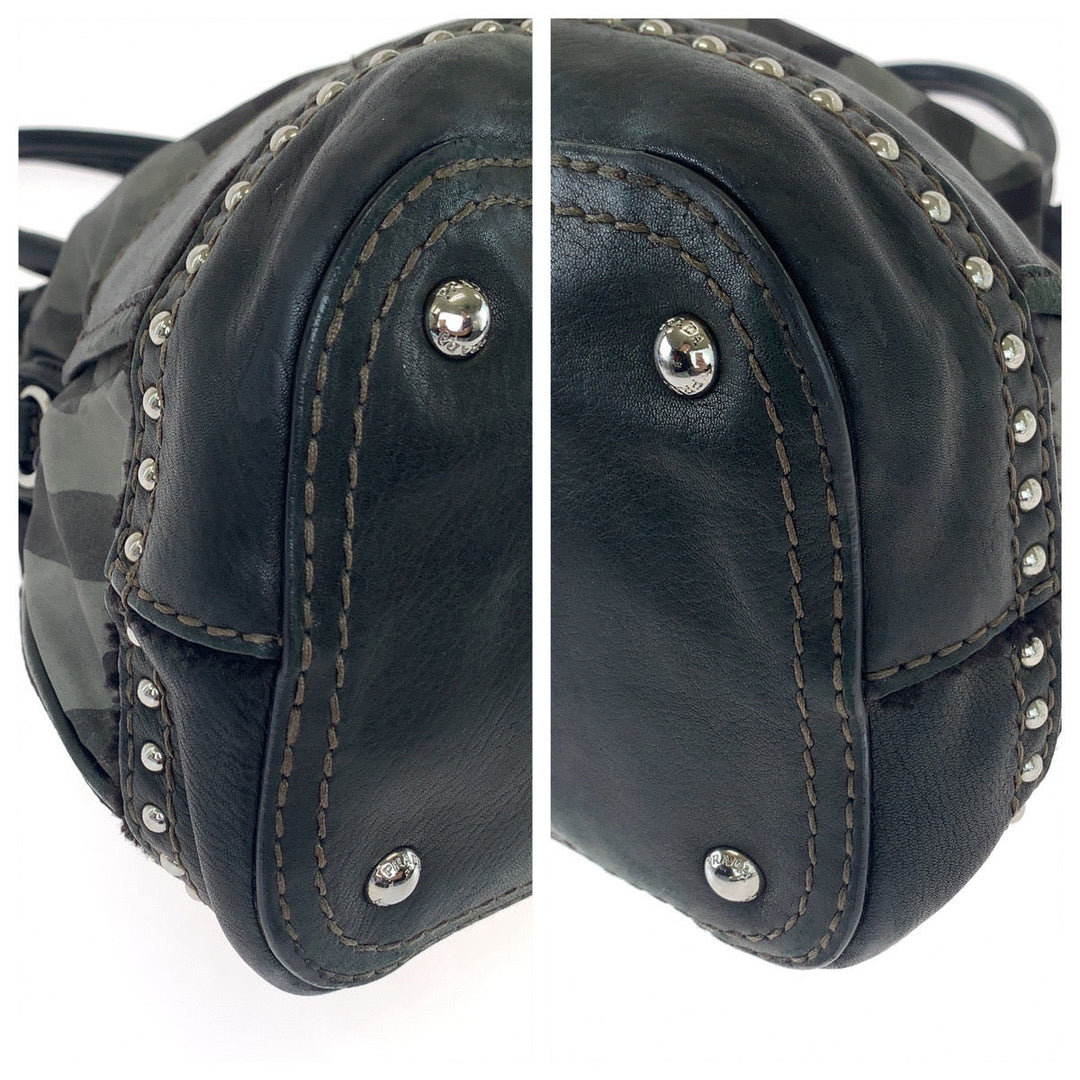 PRADA Shoulder Bag BL0688 Nylon, Leather Khaki Black SilverMetal Shoulder Bag Handbag 2way Test Camouflage Pattern Studs Women Used Authentic