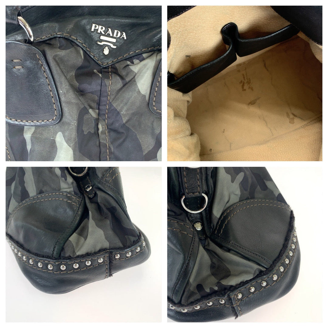 PRADA Shoulder Bag BL0688 Nylon, Leather Khaki Black SilverMetal Shoulder Bag Handbag 2way Test Camouflage Pattern Studs Women Used Authentic