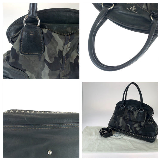 PRADA Shoulder Bag BL0688 Nylon, Leather Khaki Black SilverMetal Shoulder Bag Handbag 2way Test Camouflage Pattern Studs Women Used Authentic