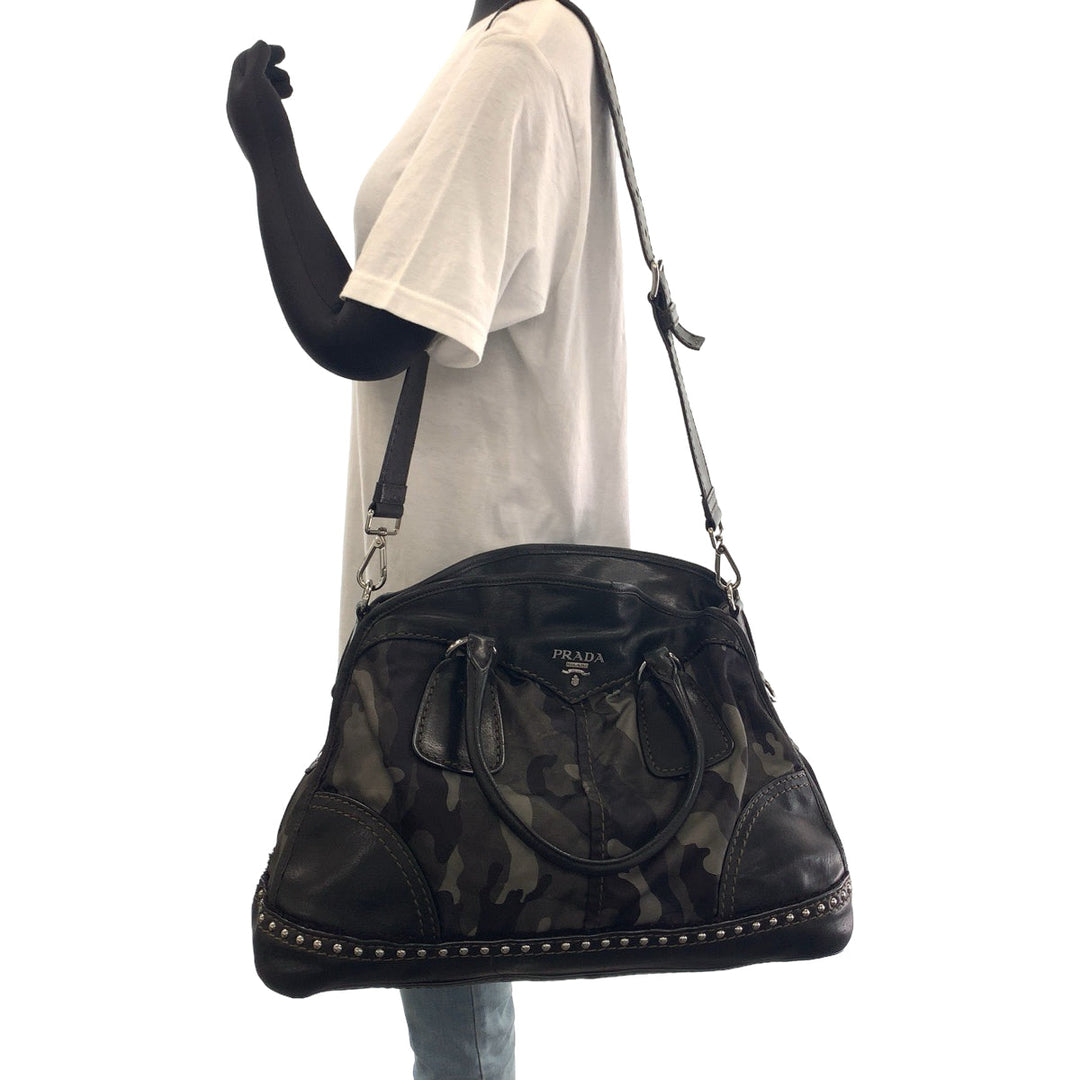 PRADA Shoulder Bag BL0688 Nylon, Leather Khaki Black SilverMetal Shoulder Bag Handbag 2way Test Camouflage Pattern Studs Women Used Authentic