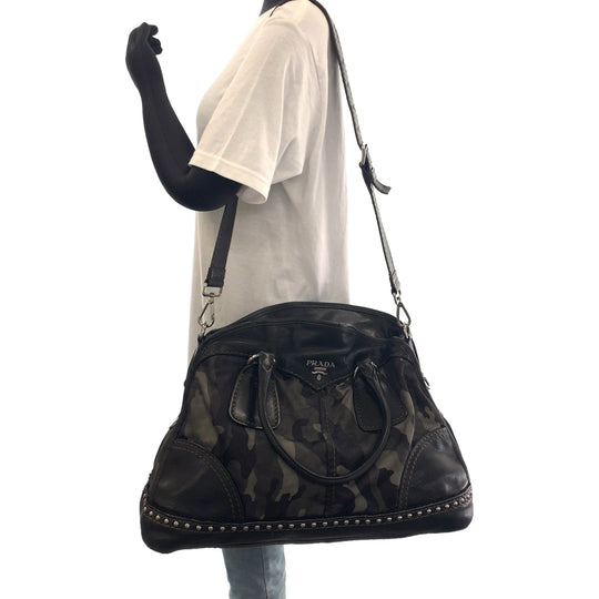 PRADA Shoulder Bag BL0688 Nylon, Leather Khaki Black SilverMetal Shoulder Bag Handbag 2way Test Camouflage Pattern Studs Women Used Authentic