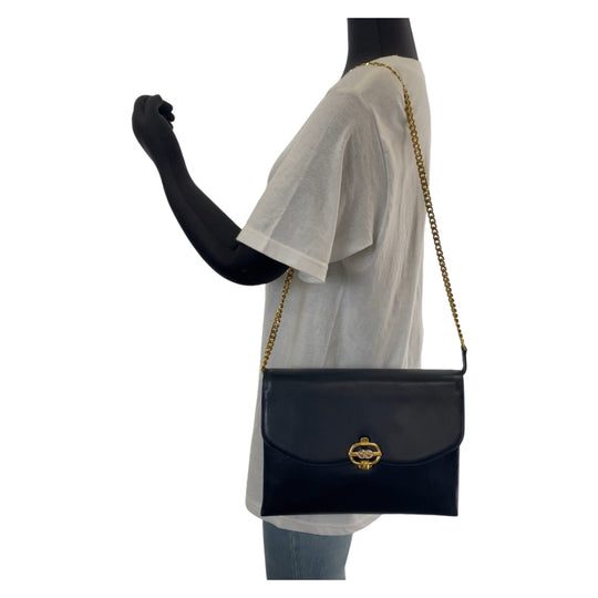 GUCCI Shoulder Bag leather Black Gold Metal ChainShoulder Bag Crossbody Pochette Old Gucci Women Used Authentic