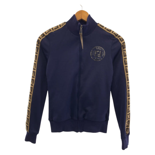 FENDI Jersey FAF069 ADH8 polyester Navy Brown SilverMetal Track jacket jersey Zucca Pattern Side line Women 36 Used Authentic