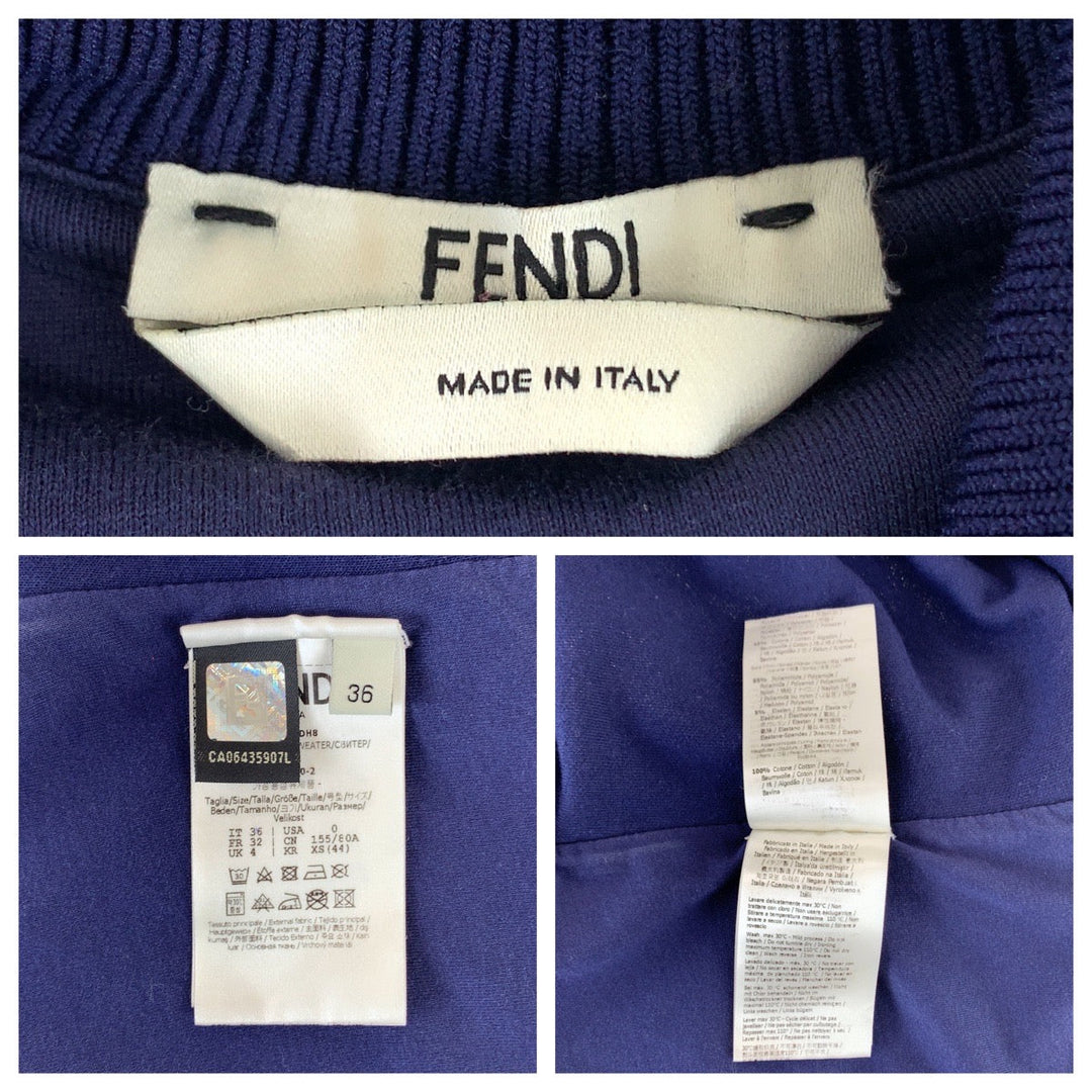 FENDI Jersey FAF069 ADH8 polyester Navy Brown SilverMetal Track jacket jersey Zucca Pattern Side line Women 36 Used Authentic