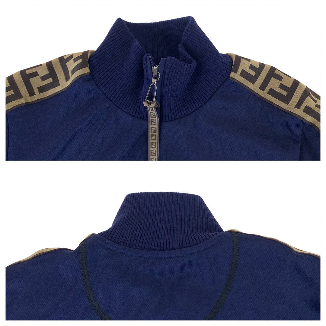 FENDI Jersey FAF069 ADH8 polyester Navy Brown SilverMetal Track jacket jersey Zucca Pattern Side line Women 36 Used Authentic