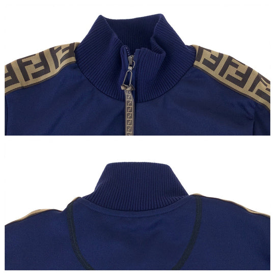 FENDI Jersey FAF069 ADH8 polyester Navy Brown SilverMetal Track jacket jersey Zucca Pattern Side line Women 36 Used Authentic