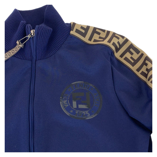 FENDI Jersey FAF069 ADH8 polyester Navy Brown SilverMetal Track jacket jersey Zucca Pattern Side line Women 36 Used Authentic