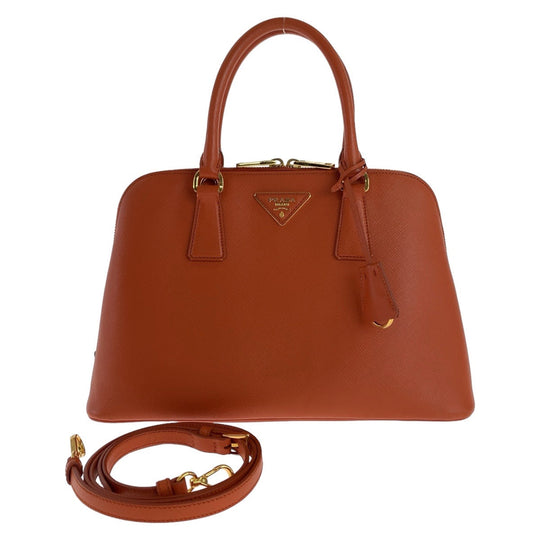 PRADA Handbag leather Orange GoldMetal Handbag Shoulder Bag 2way Safiano Triangle With logo Women Used Authentic