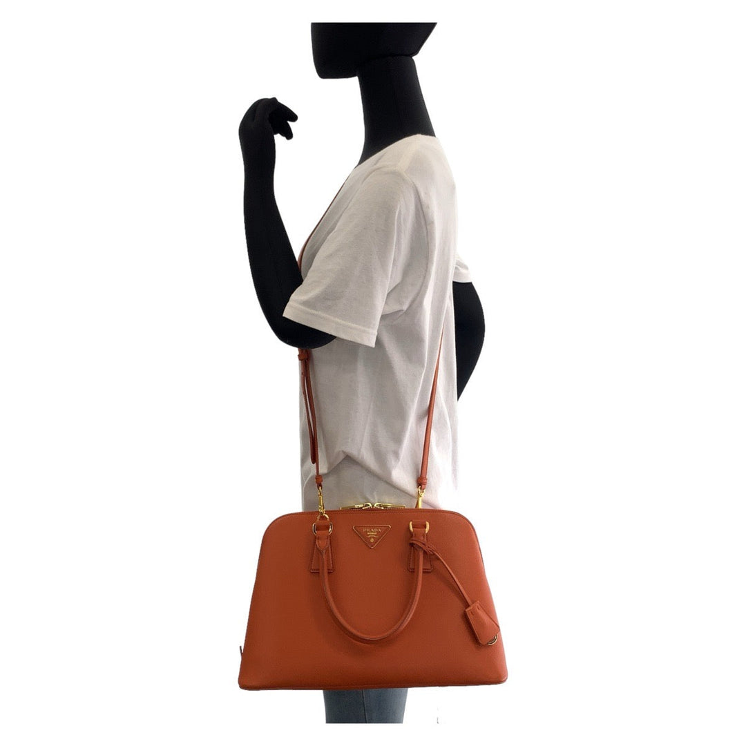PRADA Handbag leather Orange GoldMetal Handbag Shoulder Bag 2way Safiano Triangle With logo Women Used Authentic